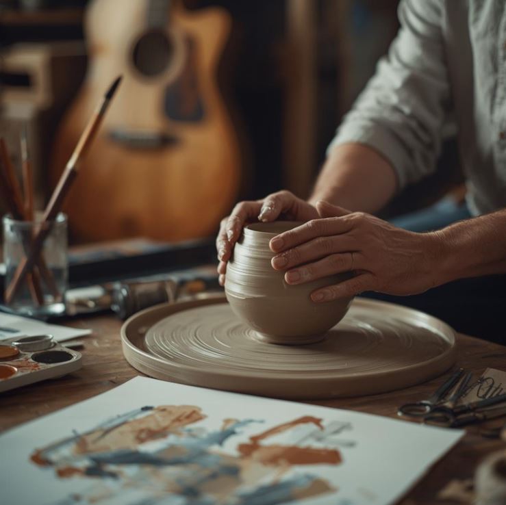Art-Labor Studio - Kreativer Raum für Kunsttherapie mit Staffeleien, Töpferscheiben und Musikinstrumenten