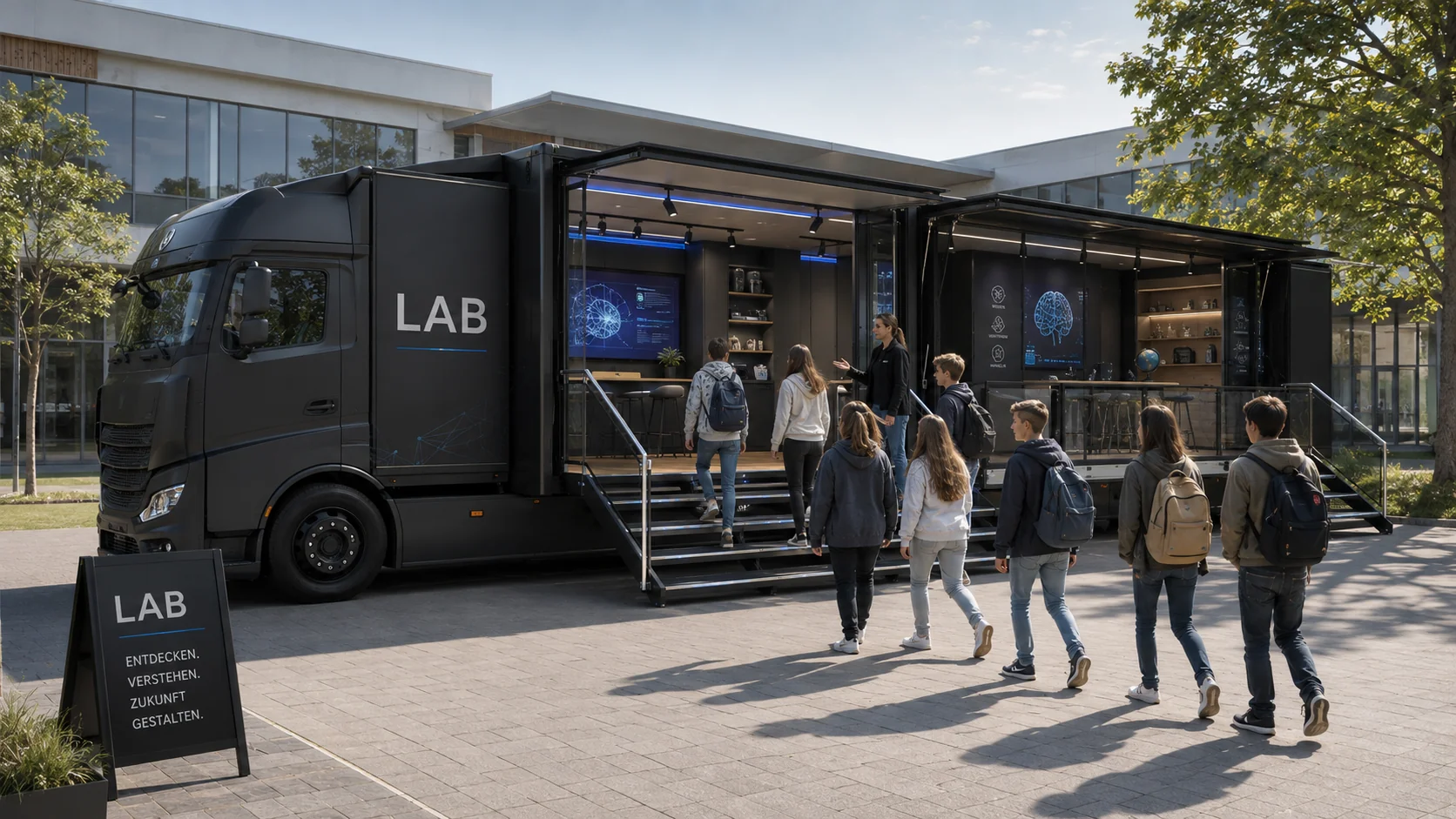 BRÜCKEN LAB MOBIL als Präventionswoche auf einem Schulhof mit Klassenbesuchen und Abendtermin für Eltern