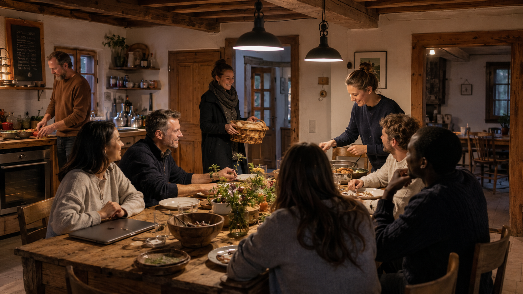 Menschen mit unterschiedlichen Lebenswegen beim gemeinsamen Abendessen im DE:HOUSE