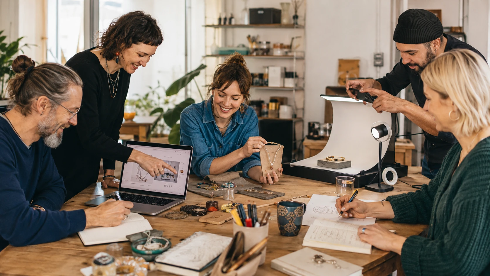 Zwei Menschen helfen sich gegenseitig bei Fotografie, Design und handwerklicher Arbeit