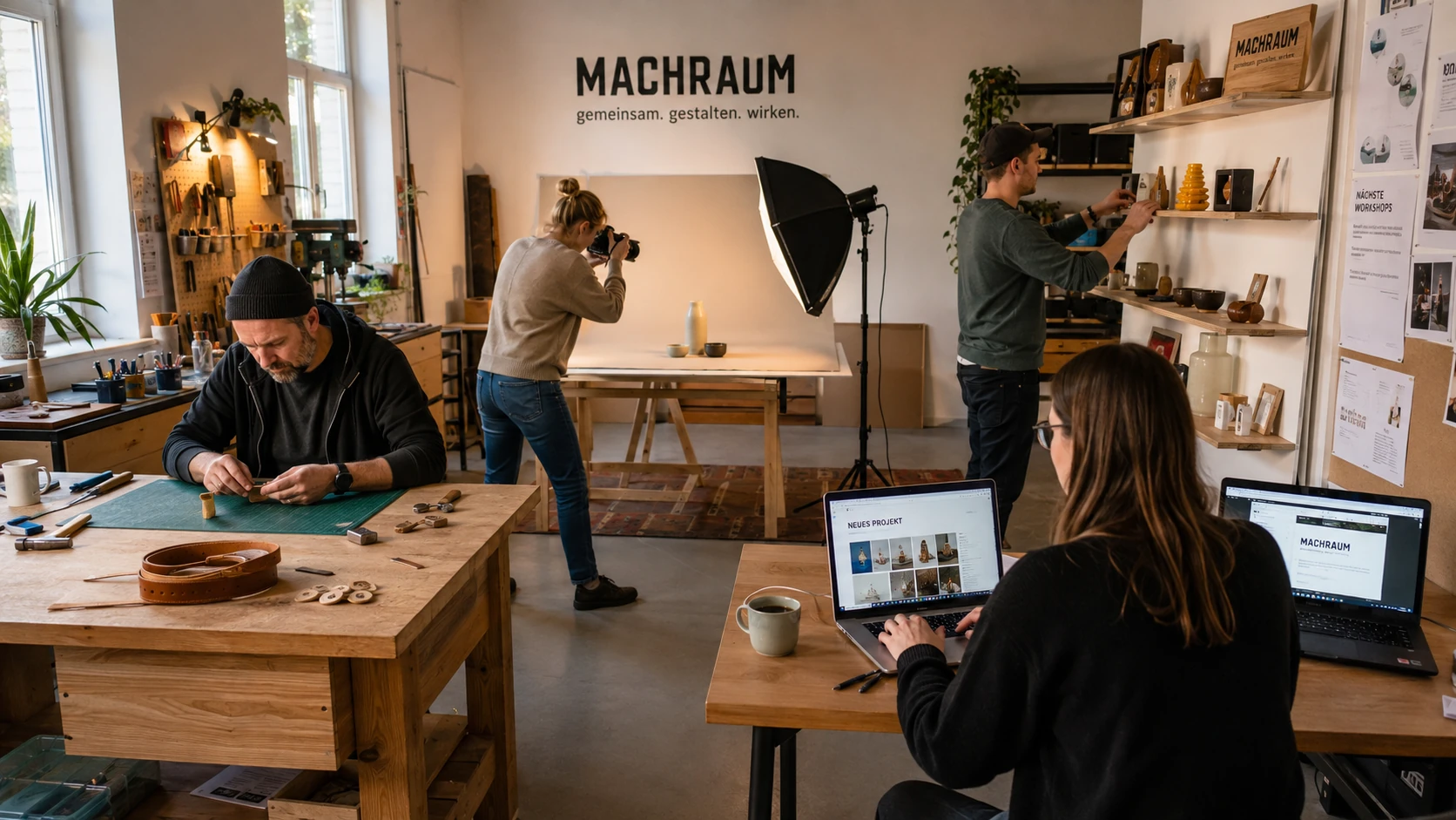 Gemeinschaftlicher MACHRAUM mit Werkbank, Fotoplatz und digitalen Arbeitsplätzen